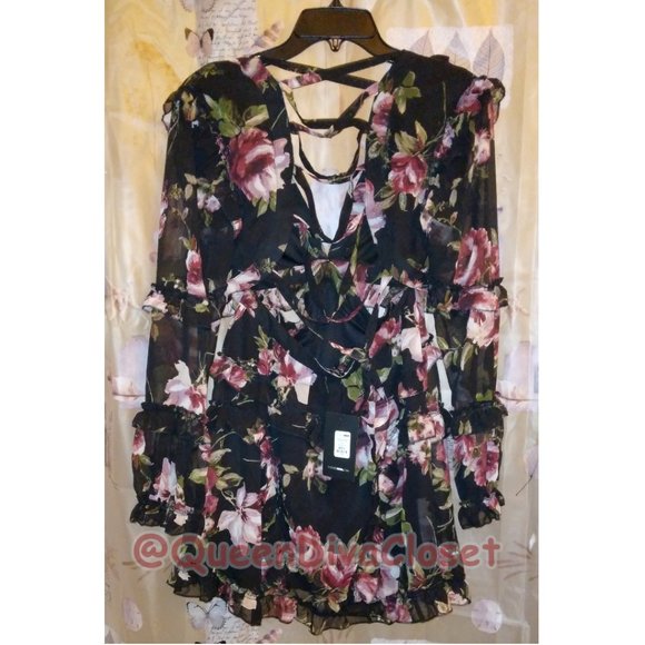 Flower You Anywhere Open Lace Up Back Side Cut Out Ruffle Floral Mini Dress L - Picture 6 of 9